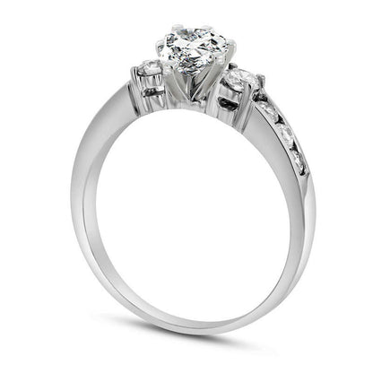 1.0 CT. T.W. Pear-Shaped Natural Diamond Three Stone Engagement Ring in Solid 14K White Gold (J/SI2)