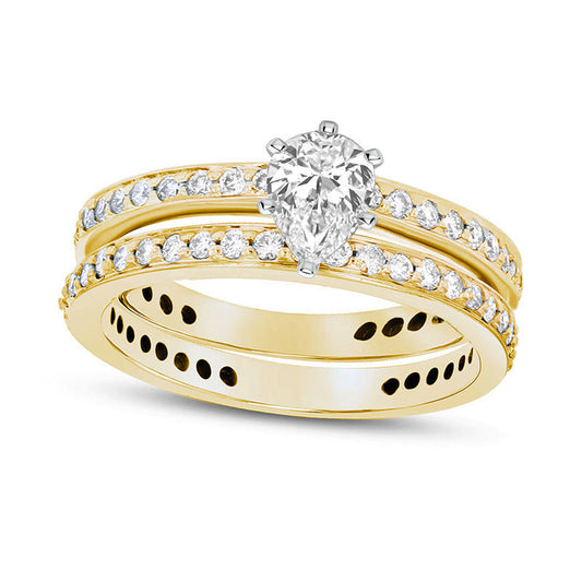 1.0 CT. T.W. Pear-Shaped Natural Diamond Bridal Engagement Ring Set in Solid 14K Gold (J/SI2)