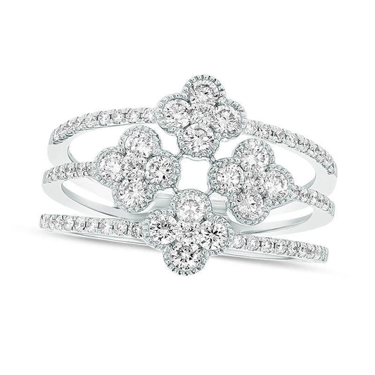 0.63 CT. T.W. Natural Diamond Antique Vintage-Style Multi-Row Clover Ring in Solid 18K White Gold (G/SI1)