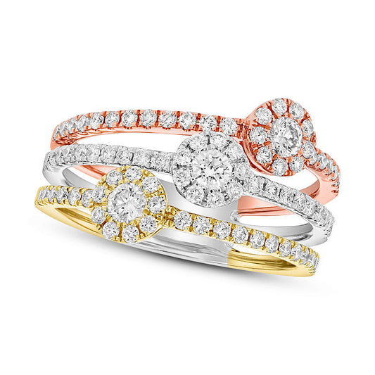 0.88 CT. T.W. Natural Diamond Frame Antique Vintage-Style Triple Flower Ring in Solid 18K Tri-Tone Gold (G/SI1)