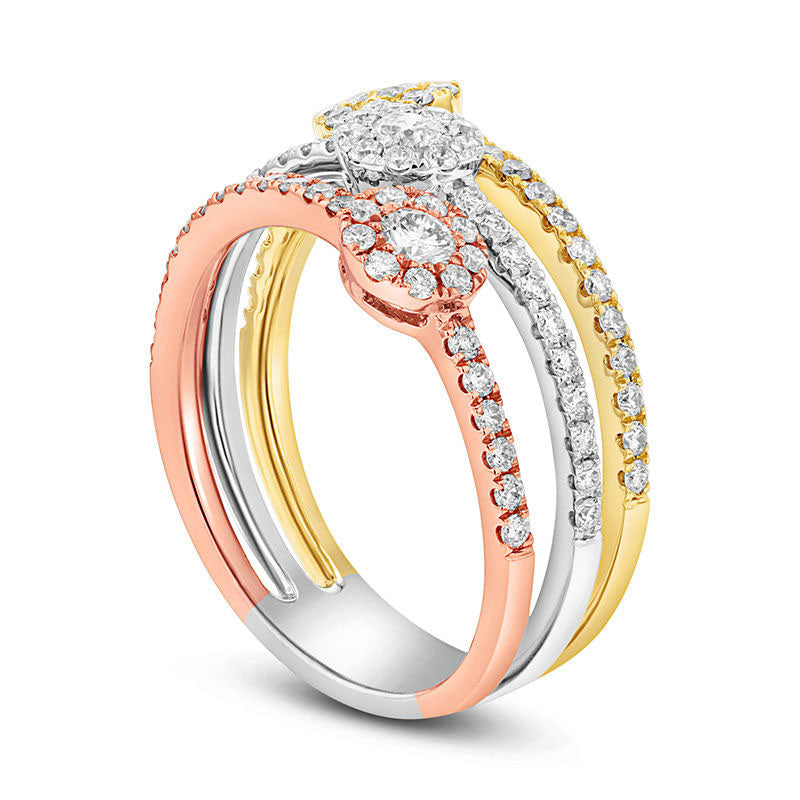 0.88 CT. T.W. Natural Diamond Frame Antique Vintage-Style Triple Flower Ring in Solid 18K Tri-Tone Gold (G/SI1)