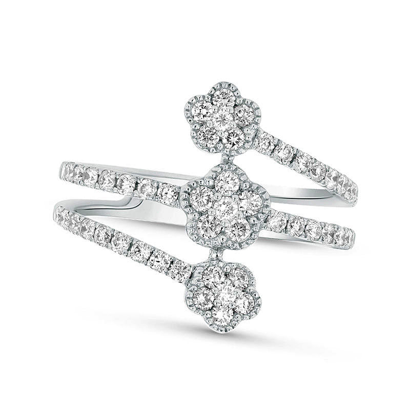 0.63 CT. T.W. Composite Natural Diamond Triple Flower Antique Vintage-Style Ring in Solid 18K White Gold (G/SI1)