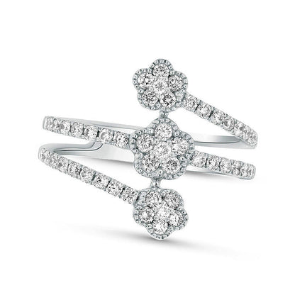 0.63 CT. T.W. Composite Natural Diamond Triple Flower Antique Vintage-Style Ring in Solid 18K White Gold (G/SI1)