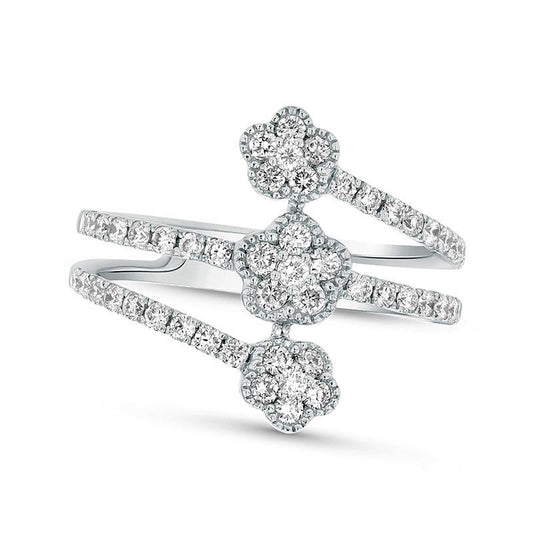 0.63 CT. T.W. Composite Natural Diamond Triple Flower Antique Vintage-Style Ring in Solid 18K White Gold (G/SI1)