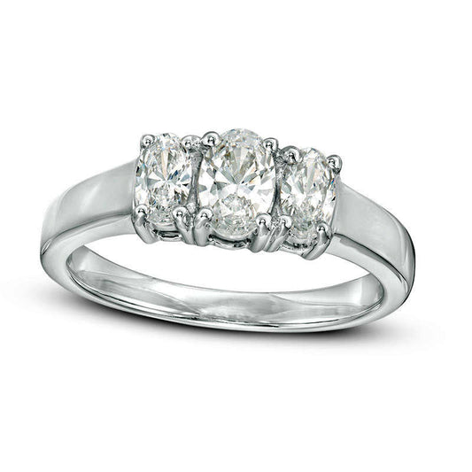 1.0 CT. T.W. Oval Natural Diamond Three Stone Engagement Ring in Solid 14K White Gold