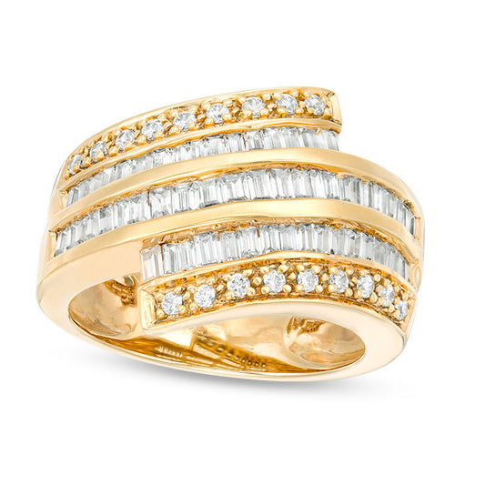 1.0 CT. T.W. Baguette and Round Natural Diamond Multi-Row Wrap Ring in Solid 14K Gold