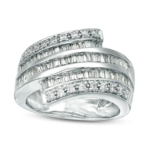 1.0 CT. T.W. Baguette and Round Natural Diamond Multi-Row Wrap Ring in Solid 14K White Gold