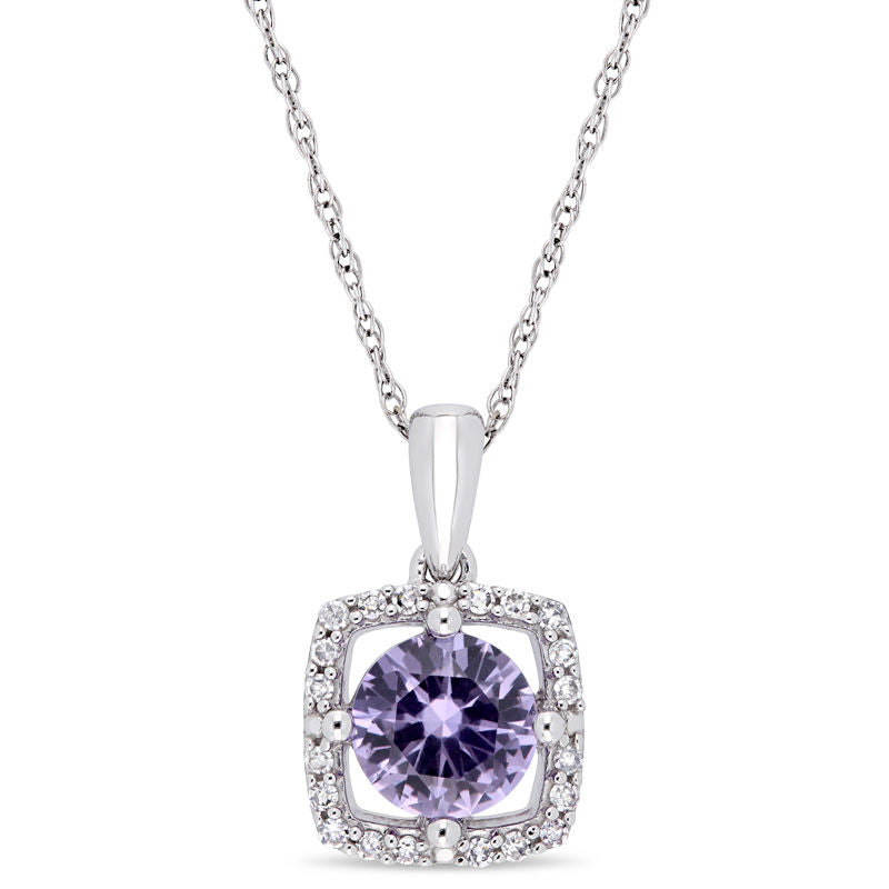 6.0mm Lab-Created Alexandrite and 0.1 CT. T.W. Diamond Cushion Frame Pendant in 10K White Gold - 17"