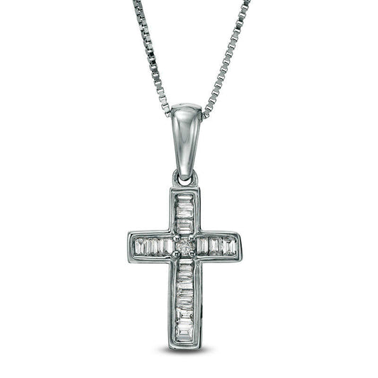 0.1 CT. T.W. Baguette and Round Natural Diamond Cross Pendant in 10K White Gold