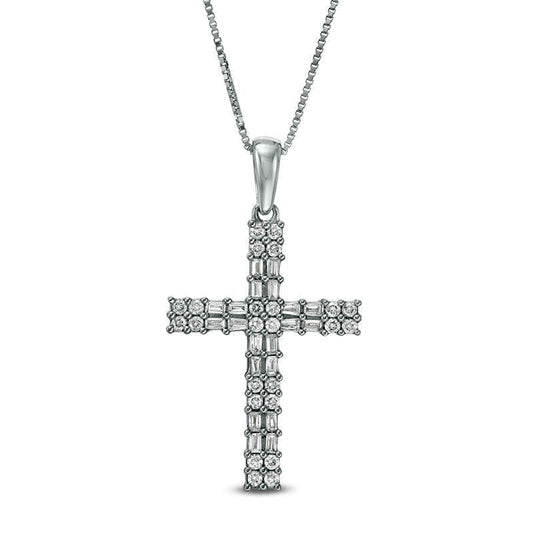 0.25 CT. T.W. Baguette and Round Natural Diamond Double Row Cross Pendant in 10K White Gold