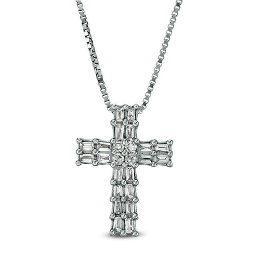 0.1 CT. T.W. Baguette and Round Natural Diamond Double Row Cross Pendant in 10K White Gold
