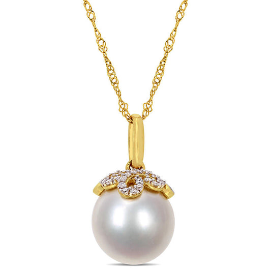 10.0 - 11.0mm Cultured South Sea Pearl and 0.07 CT. T.W. Natural Diamond Leaf Top Pendant in 14K Gold - 17"