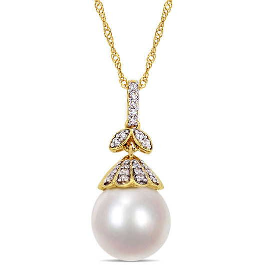 10.0 - 11.0mm Oval Cultured South Sea Pearl and 0.1 CT. T.W. Natural Diamond Flower Top Pendant in 14K Gold - 17"