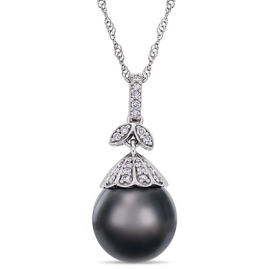 10.0 - 11.0mm Oval Black Cultured Tahitian Pearl and 0.1 CT. T.W. Natural Diamond Flower Top Pendant in 14K White Gold - 17"