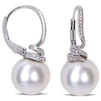 11.0 - 12.0mm Cultured Freshwater Pearl and 0.048 CT. T.W. Diamond Swirl Drop Earrings in Sterling Silver