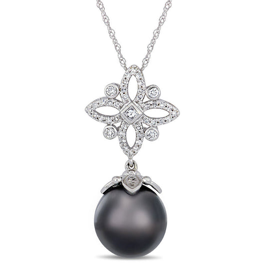 11.0 - 12.0mm Oval Black Cultured Tahitian Pearl and 0.25 CT. T.W. Natural Diamond Ornate Flower Pendant in 14K White Gold - 17"