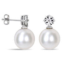 11.0 - 12.0mm Cultured Freshwater Pearl and Diamond Accent Drop Earrings in Sterling Silver
