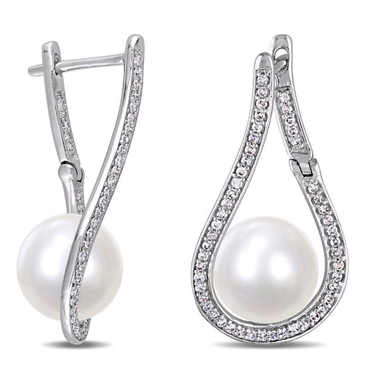 9.0 - 9.5mm Cultured Freshwater Pearl and 0.33 CT. T.W. Diamond Flame Drop Earrings in 14K White Gold