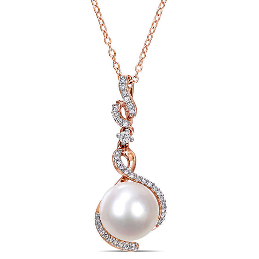 Cultured Freshwater Pearl, White Sapphire and 0.17 CT. T.W. Natural Diamond Drop Pendant in Sterling Silver with Rose Rhodium