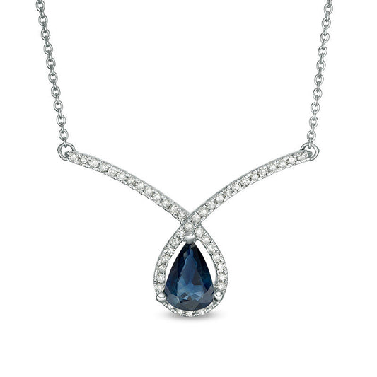Pear-Shaped Blue Sapphire and 0.2 CT. T.W. Natural Diamond Chevron Loop Necklace in 10K White Gold