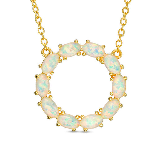 Oval Lab-Created Opal Circle Necklace in Sterling Silver with 18K Gold Plate