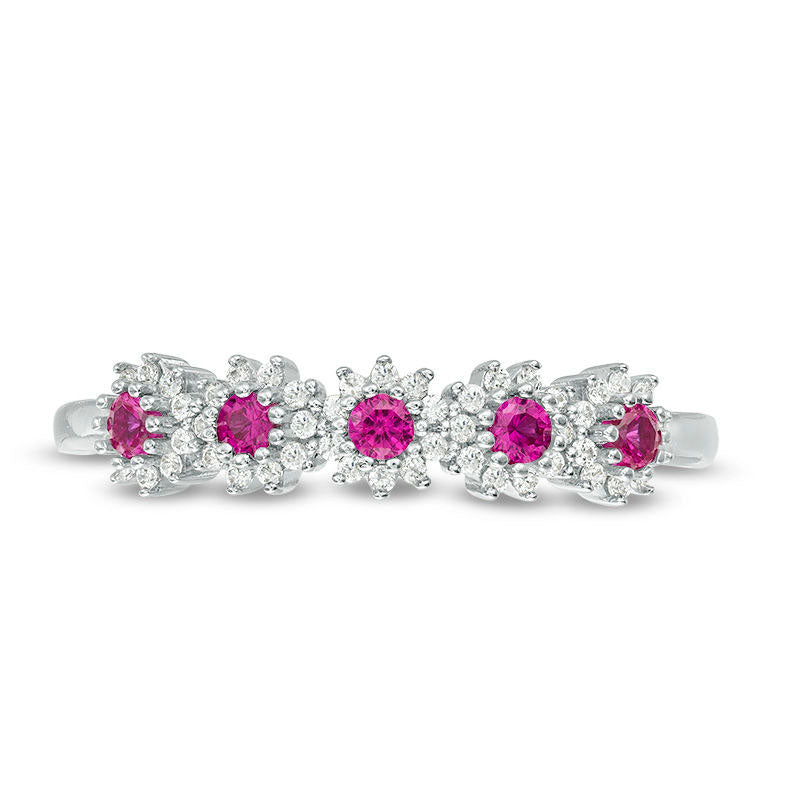 Lab-Created Ruby and 0.10 CT. T.W. Diamond Five Stone Sunburst Frame Ring in Solid 10K White Gold