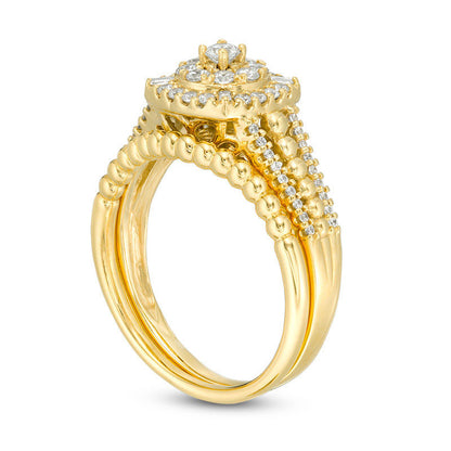 0.50 CT. T.W. Composite Natural Diamond Cushion Frame and Beaded Bridal Engagement Ring Set in Solid 10K Yellow Gold