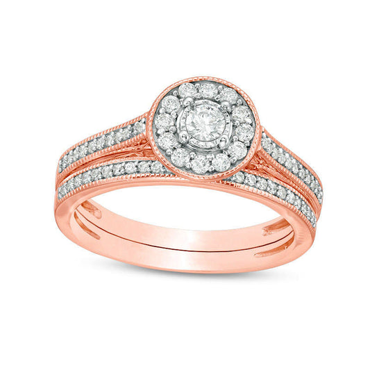 0.50 CT. T.W. Natural Diamond Frame Antique Vintage-Style Bridal Engagement Ring Set in Solid 10K Rose Gold