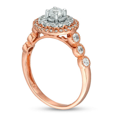 0.75 CT. T.W. Natural Diamond Double Frame Antique Vintage-Style Engagement Ring in Solid 10K Rose Gold