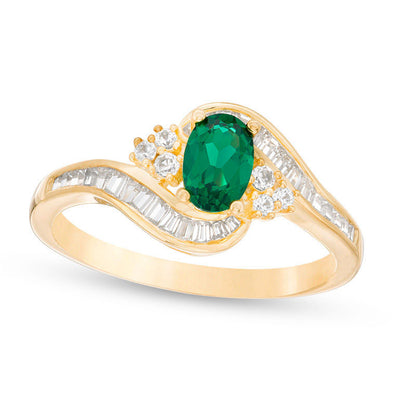 Oval Emerald and 0.33 CT. T.W. Natural Diamond Tri-Sides Bypass Ring in Solid 10K Yellow Gold