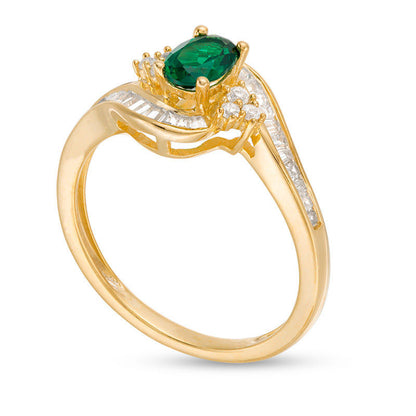Oval Emerald and 0.33 CT. T.W. Natural Diamond Tri-Sides Bypass Ring in Solid 10K Yellow Gold