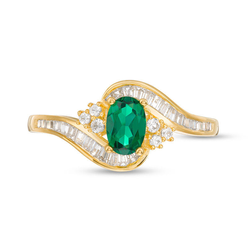 Oval Emerald and 0.33 CT. T.W. Natural Diamond Tri-Sides Bypass Ring in Solid 10K Yellow Gold