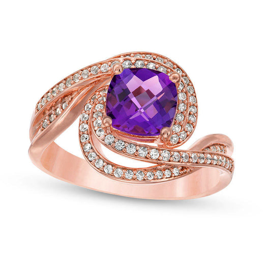 7.0mm Cushion-Cut Amethyst and 0.33 CT. T.W. Natural Diamond Swirl Bypass Ring in Solid 10K Rose Gold