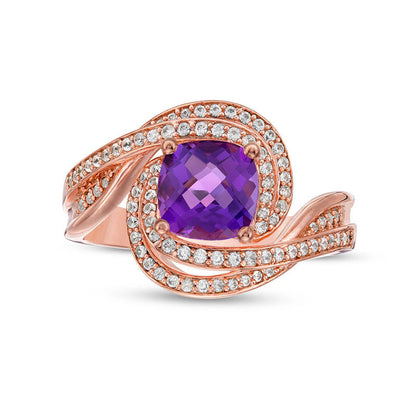 7.0mm Cushion-Cut Amethyst and 0.33 CT. T.W. Natural Diamond Swirl Bypass Ring in Solid 10K Rose Gold