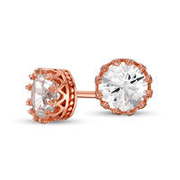 6.0mm Lab-Created White Sapphire Solitaire Beaded Crown Stud Earrings in Sterling Silver with 14K Rose Gold Plate