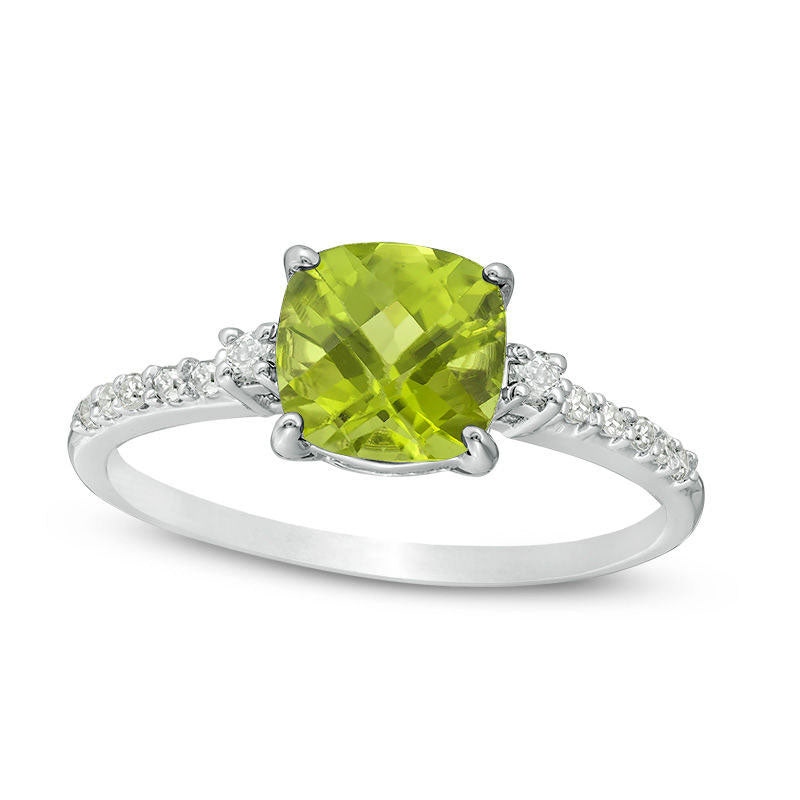 7.0mm Cushion-Cut Peridot and 0.13 CT. T.W. Natural Diamond Engagement Ring in Solid 10K White Gold