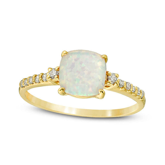 7.0mm Cushion-Cut Lab-Created Opal and 0.13 CT. T.W. Diamond Engagement Ring in Solid 10K Yellow Gold