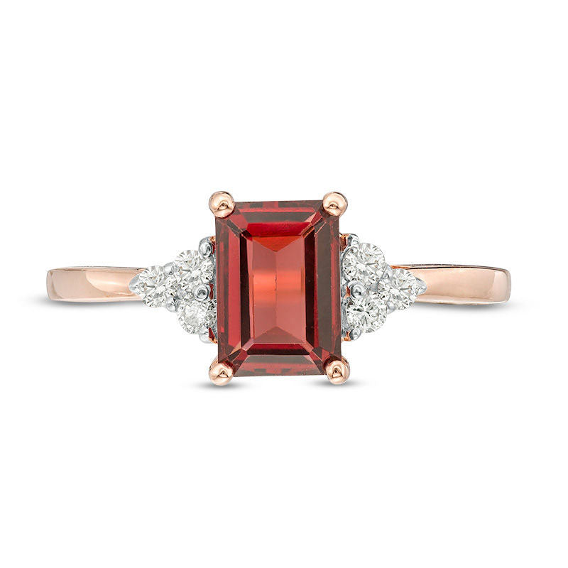 Emerald-Cut Garnet and 0.13 CT. T.W. Natural Diamond Tri-Sides Engagement Ring in Solid 10K Rose Gold