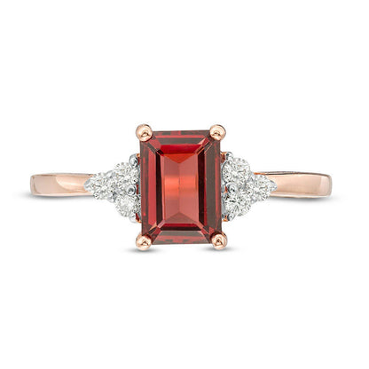 Emerald-Cut Garnet and 0.13 CT. T.W. Natural Diamond Tri-Sides Engagement Ring in Solid 10K Rose Gold