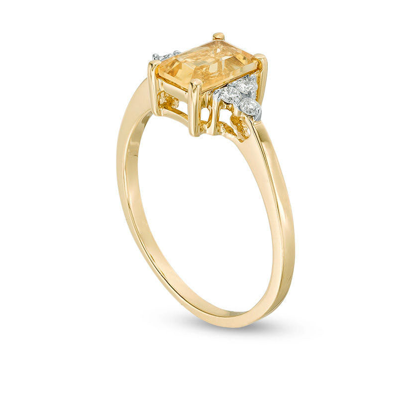 Emerald-Cut Citrine and 0.13 CT. T.W. Natural Diamond Tri-Sides Engagement Ring in Solid 10K Rose Gold