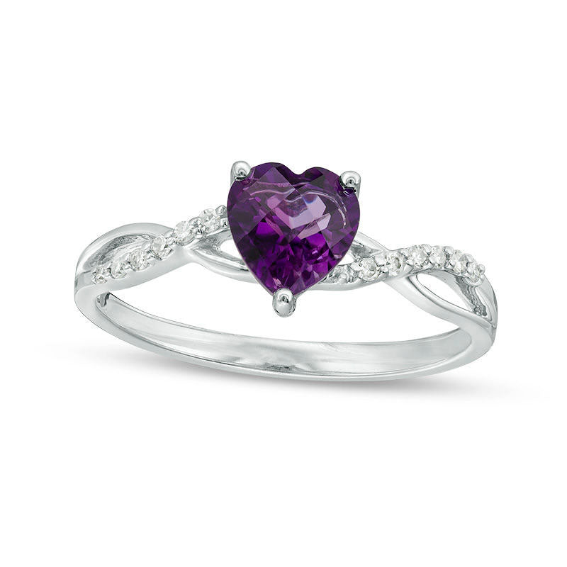 6.0mm Heart-Shaped Amethyst and 0.05 CT. T.W. Natural Diamond Twist Shank Ring in Solid 10K White Gold