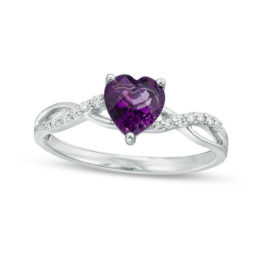 6.0mm Heart-Shaped Amethyst and 0.05 CT. T.W. Natural Diamond Twist Shank Ring in Solid 10K White Gold