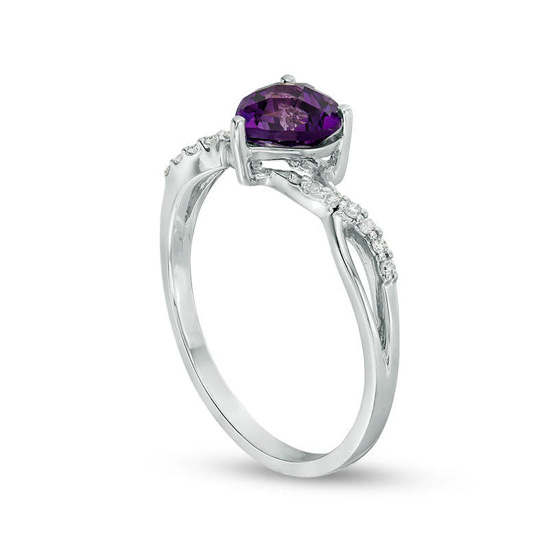 6.0mm Heart-Shaped Amethyst and 0.05 CT. T.W. Natural Diamond Twist Shank Ring in Solid 10K White Gold