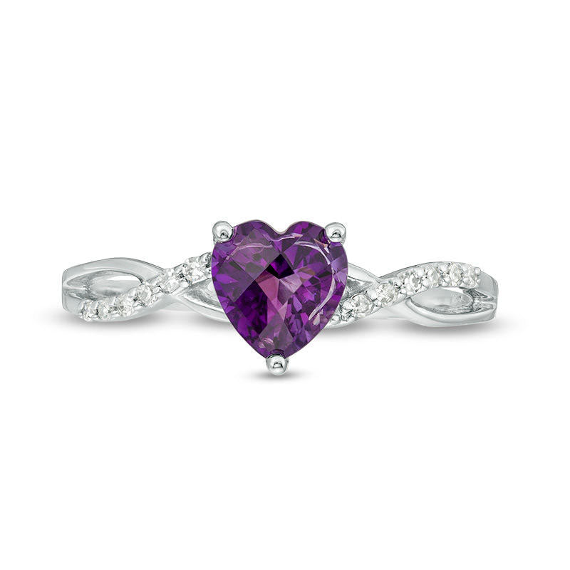 6.0mm Heart-Shaped Amethyst and 0.05 CT. T.W. Natural Diamond Twist Shank Ring in Solid 10K White Gold