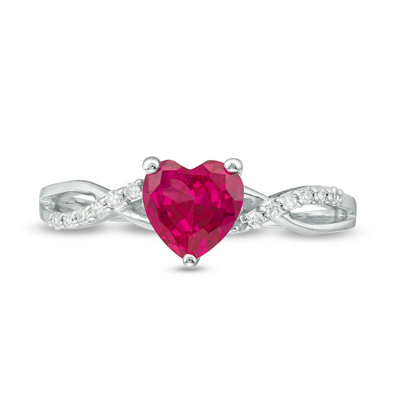 6.0mm Heart-Shaped Lab-Created Ruby and 0.05 CT. T.W. Diamond Twist Shank Ring in Solid 10K White Gold