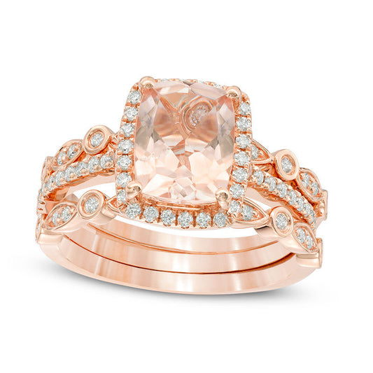Morganite and 0.38 CT. T.W. Natural Diamond Frame Art Deco Three Piece Bridal Engagement Ring Set in Solid 14K Rose Gold