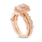 Morganite and 0.38 CT. T.W. Natural Diamond Frame Art Deco Three Piece Bridal Engagement Ring Set in Solid 14K Rose Gold