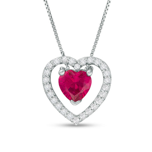 7.0mm Heart-Shaped Lab-Created Ruby and White Sapphire Frame Three-in-One Pendant in Sterling Silver