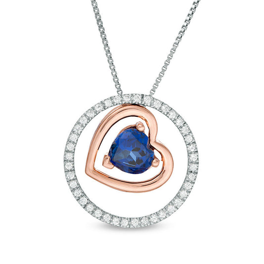 Lab-Created Blue and White Sapphire Tilted Heart in Circle Three-in-One Pendant in Sterling Silver and 10K Rose Gold