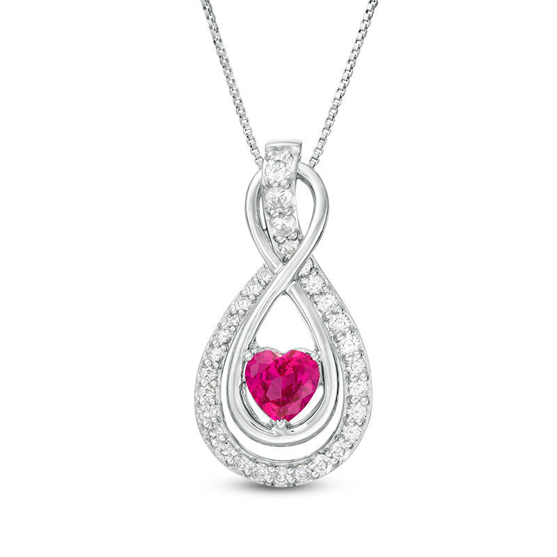 6.0mm Heart-Shaped Lab-Created Ruby and White Sapphire Infinity and Teardrop Three-in-One Pendant in Sterling Silver